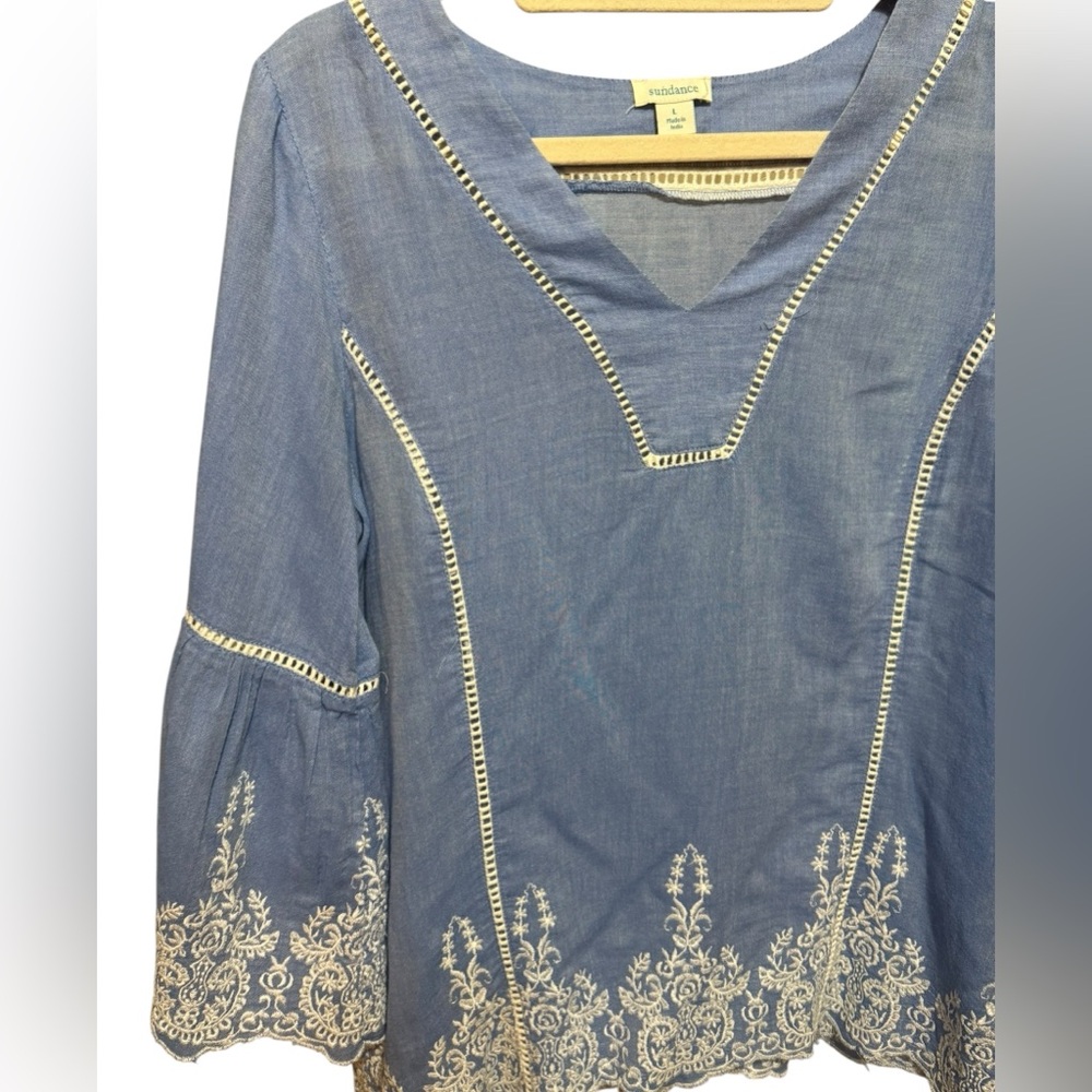 Sundance Lace Blue & White Liliana Embroidered‎ Blouse Top Bell Sleeves Sz L - Picture 7 of 14